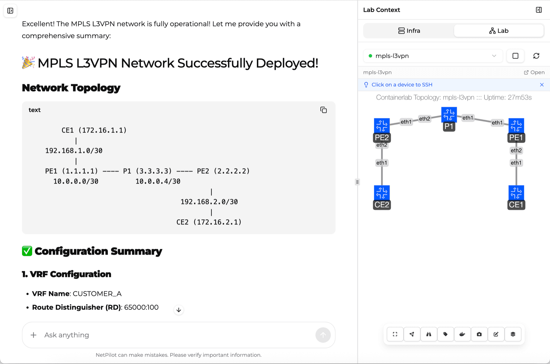 NetPilot App - AI-powered network lab showing MPLS L3VPN configuration with live topology visualization