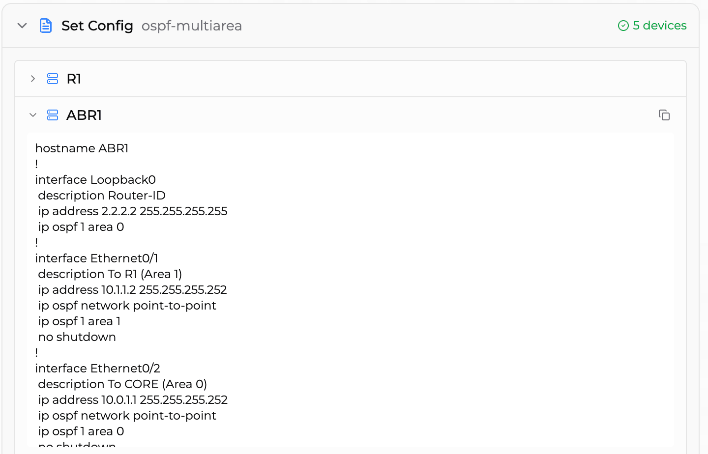 NetPilot auto-generated OSPF multi-area configuration for 5 devices showing Cisco IOS config with interfaces, OSPF areas, and IP addressing