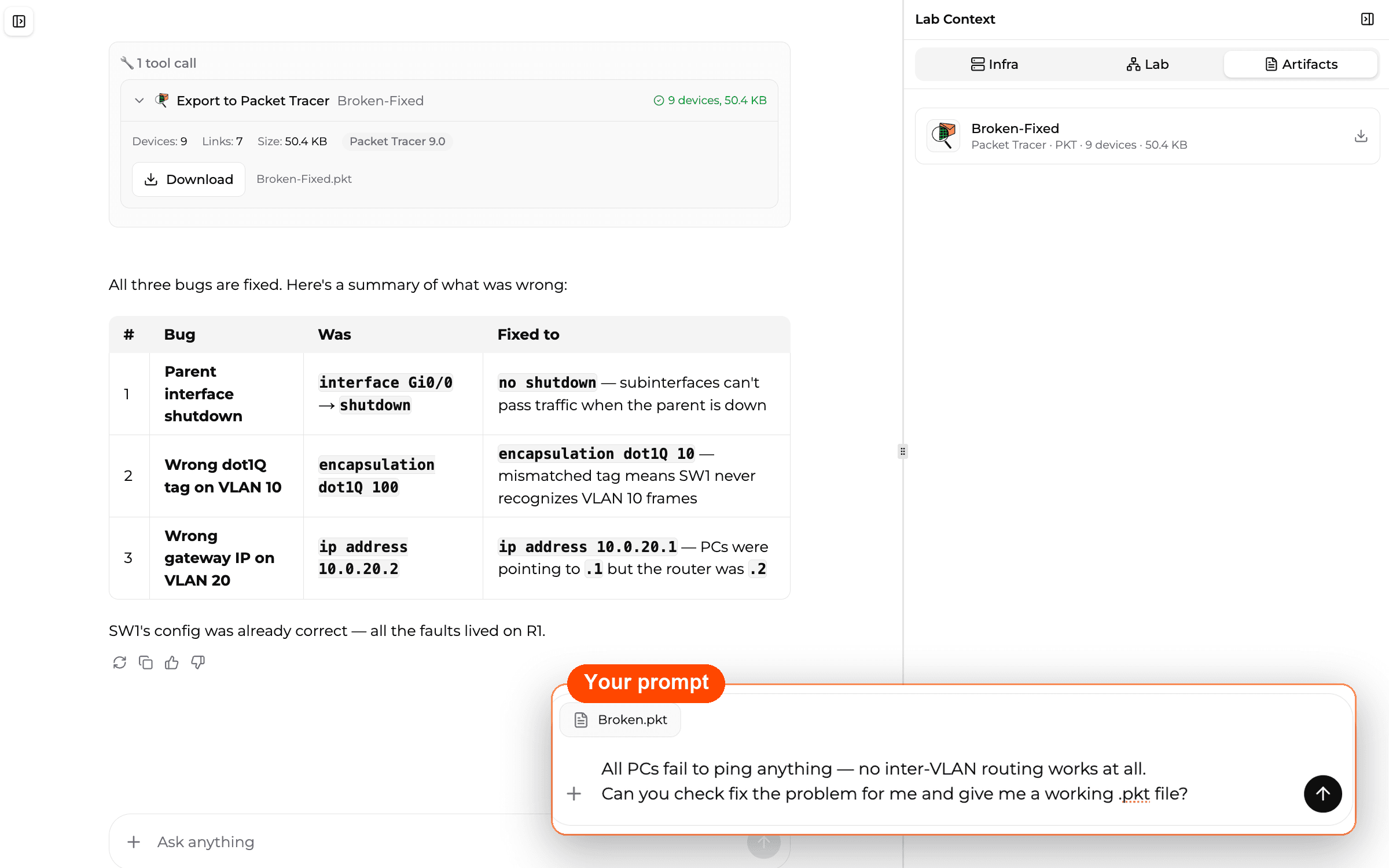 NetPilot importando un .pkt inalámbrico roto y devolviendo los problemas que encontró y corrigió