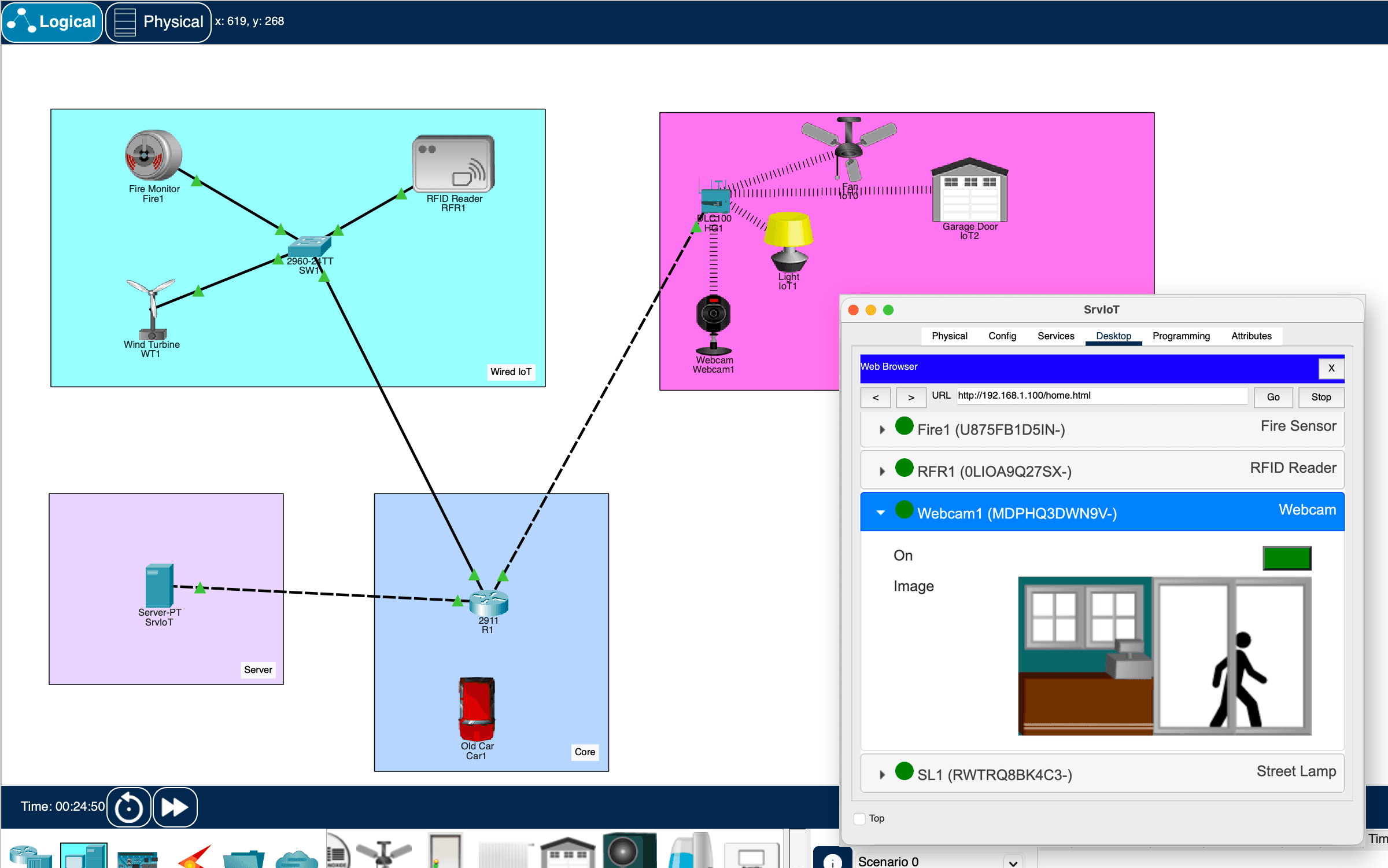 A generated smart home IoT lab open in Cisco Packet Tracer — the topology plus the IoT Monitor showing registered Fire, RFID, Webcam, and Street Lamp devices