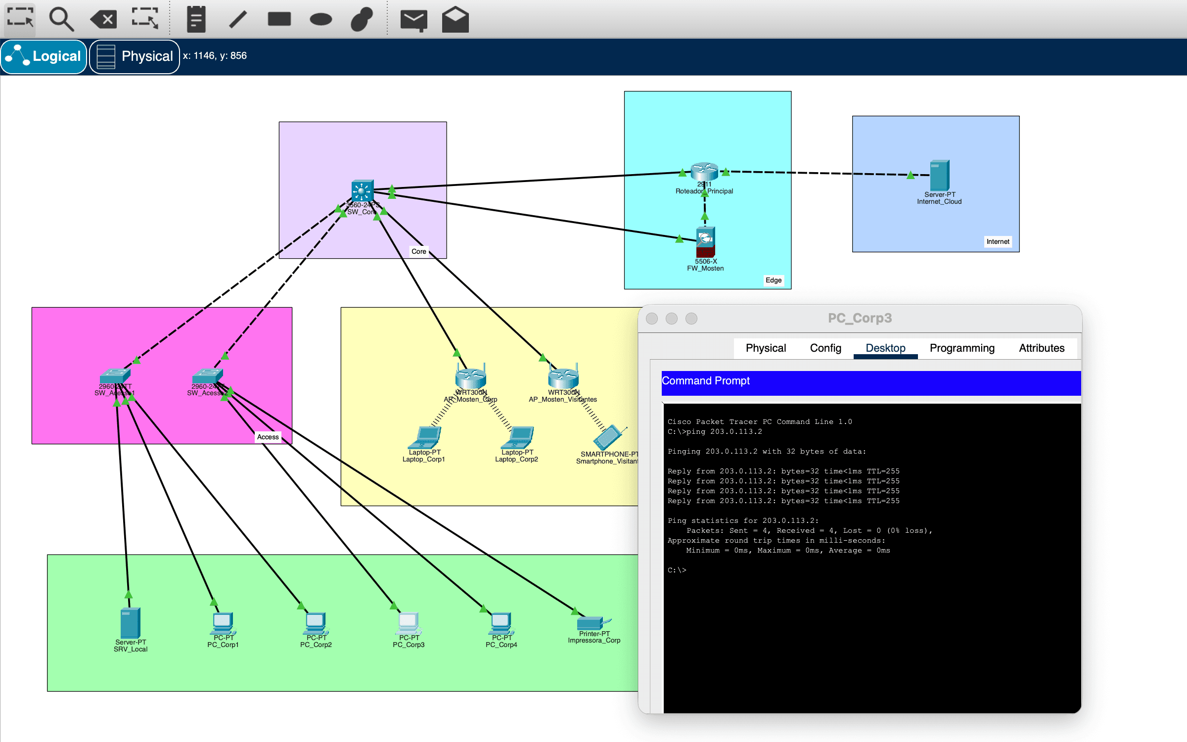 The generated wireless lab open in Cisco Packet Tracer with clients associated