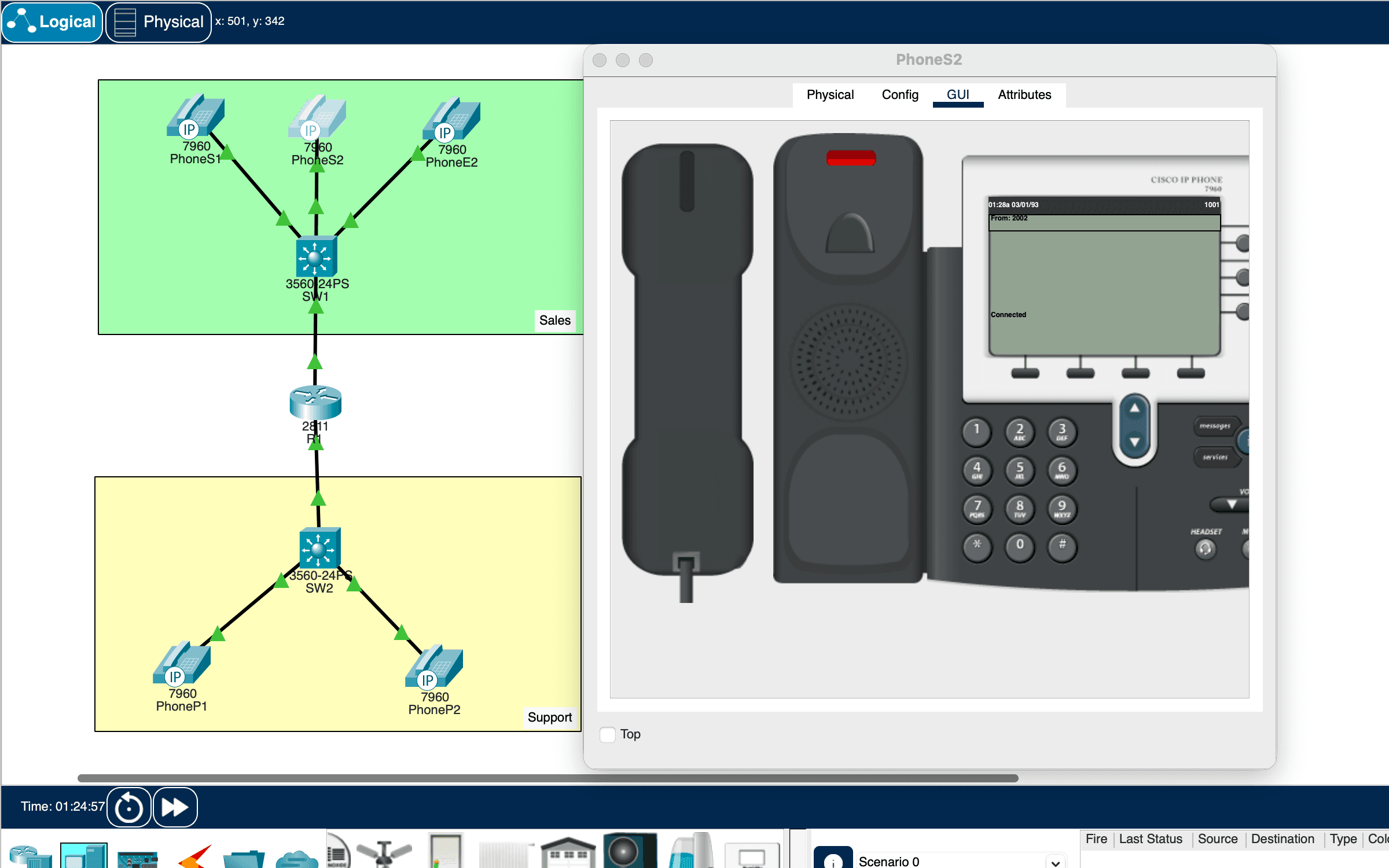 A generated VoIP lab open in Cisco Packet Tracer — Sales and Support IP phones on a 3560 PoE switch with a 7960 phone GUI, registered to Call Manager Express