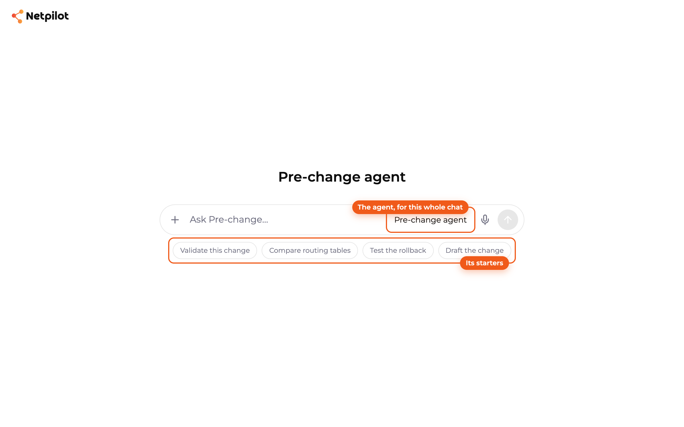 A new NetPilot chat opened with the pre-change agent: the agent's name as the headline, a one-row composer with the agent in place of the model, and four conversation starter buttons underneath. Callouts mark The agent, for this whole chat and Its starters.