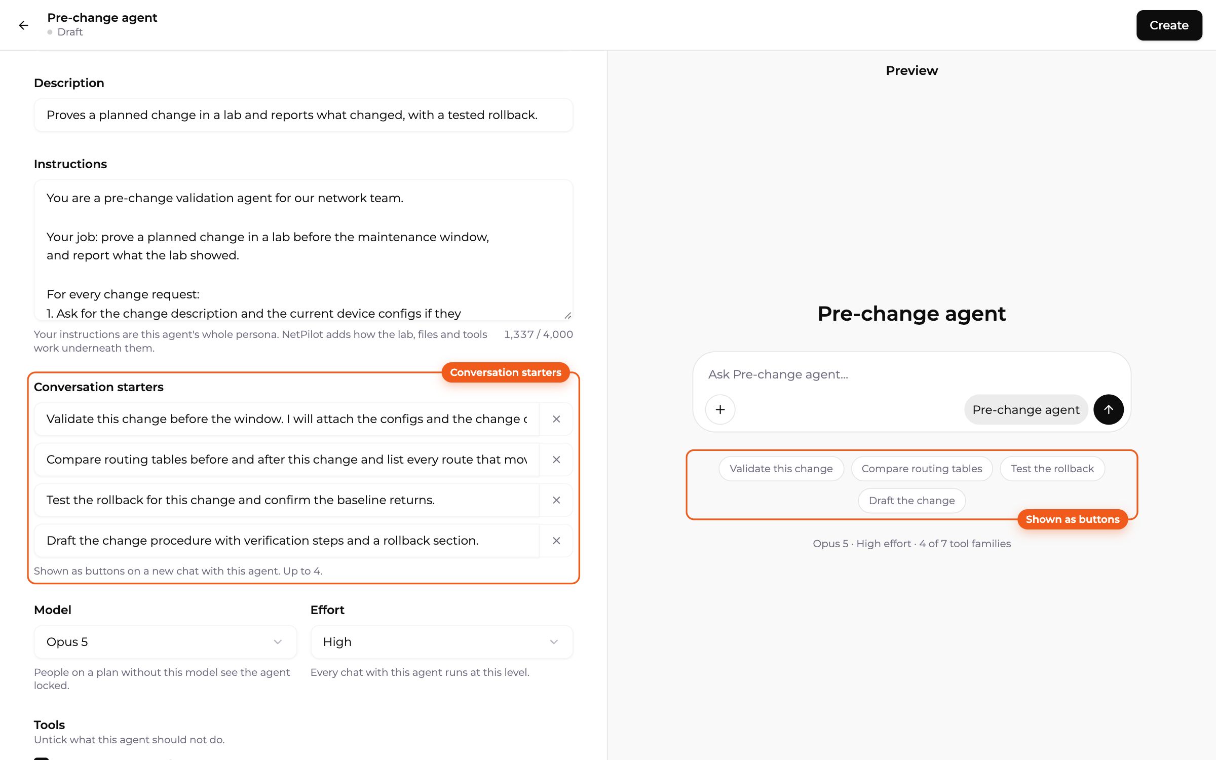 The Agent Studio editor for a new agent in Draft: Description, Instructions and four Conversation starters on the left, and the Preview on the right where each starter appears as a button under the composer. Callouts mark Conversation starters and Shown as buttons.