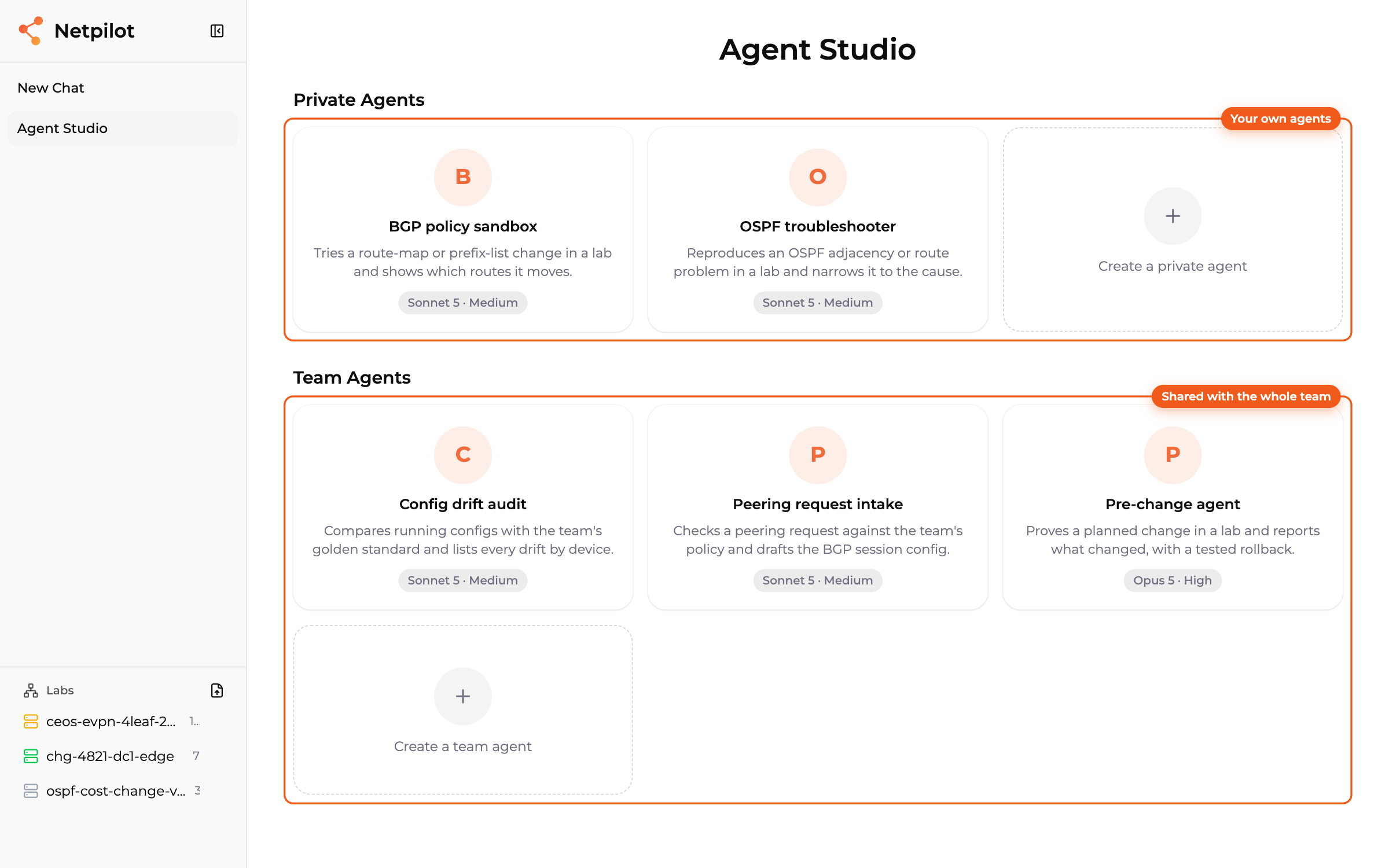 The Agent Studio page in NetPilot. Private Agents holds two personal agents, a BGP policy sandbox and an OSPF troubleshooter, with a Create a private agent tile. Team Agents holds three shared agents, Config drift audit, Peering request intake and Pre-change agent, each showing its model and effort. Orange callouts mark Your own agents and Shared with the whole team.