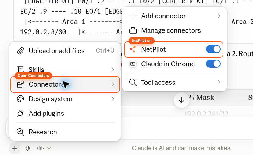The Claude composer plus menu with Connectors highlighted and the NetPilot connector switched on