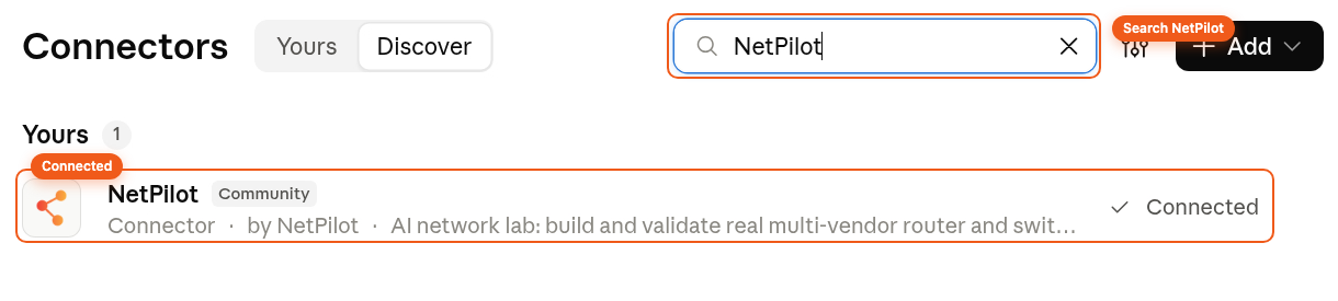 The Claude connector directory with NetPilot in the search box and the NetPilot listing marked Connected
