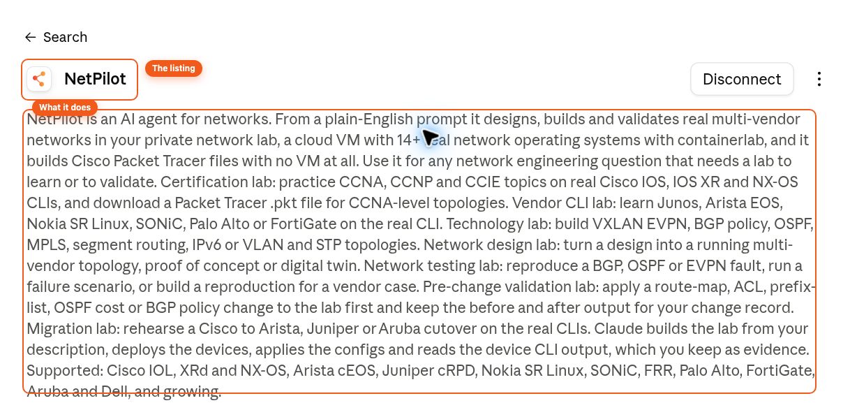 The NetPilot listing in the Claude connector directory with its description of the lab jobs it builds