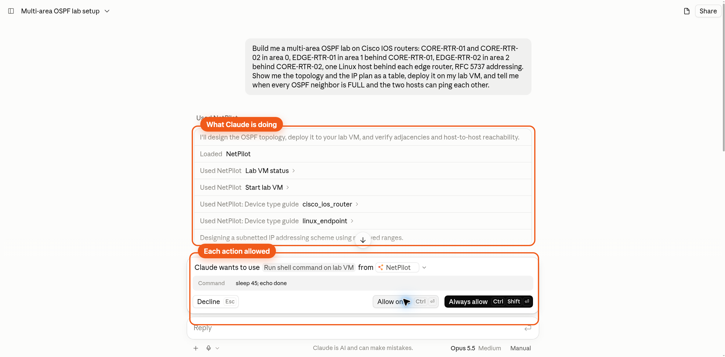 The Claude chat during the build, listing NetPilot tool calls for the VM status, the VM start, the device guides and a shell command waiting for approval