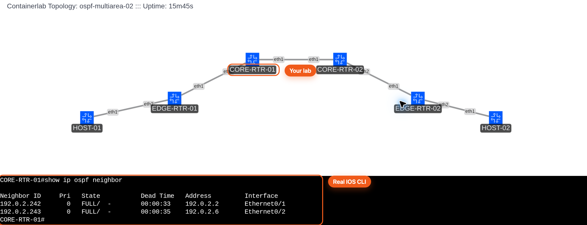 The NetPilot lab viewer with the four routers and two hosts of the OSPF lab, and the CORE-RTR-01 console showing show ip ospf neighbor with two FULL neighbors